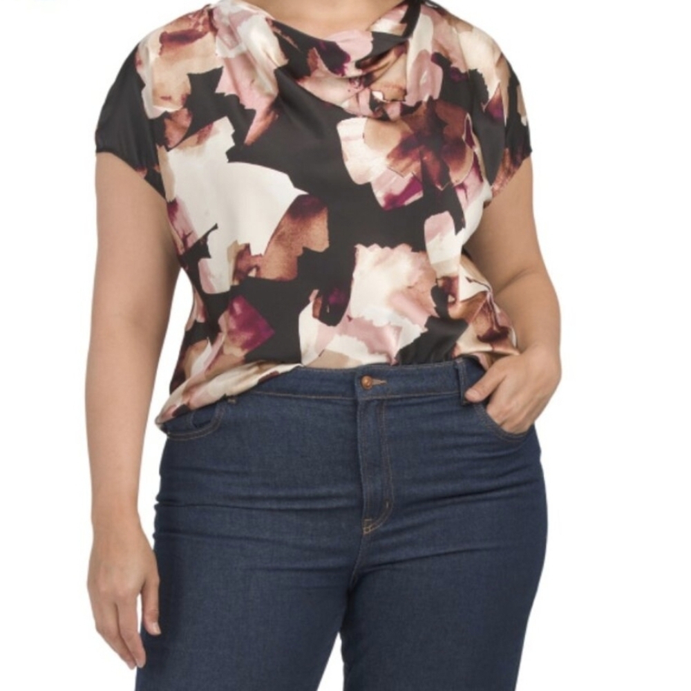 ANNE‎ KLEIN Black Pink Cream Cowl Neck Blouse